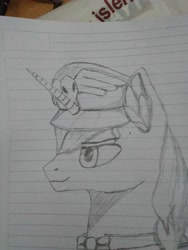 Size: 3120x4160 | Tagged: safe, artist:mrscroup, artist:mustaphatr, prince blueblood, pony, unicorn, equestria at war mod, g4, bowtie, clothes, hat, lined paper, solo, traditional art