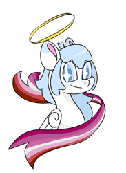 Size: 429x587 | Tagged: safe, artist:goldlines005, oc, oc only, pegasus, pony, bust, commission, halo, lesbian pride flag, pegasus oc, pride, pride flag, simple background, smiling, solo, starry eyes, transparent background, wingding eyes, wings, ych result