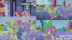 Size: 1280x720 | Tagged: safe, edit, edited screencap, editor:quoterific, screencap, amethyst stone, apple bloom, scootaloo, spike, sweetie belle, dragon, earth pony, pegasus, pony, unicorn, equestria games (episode), g4, season 4, apple bloom's bow, armor, bow, crystal guard, crystal guard armor, cutie mark crusaders, eyes closed, female, filly, hair bow, male, open mouth, stallion, train station