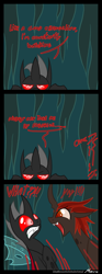 Size: 948x2556 | Tagged: safe, artist:srmario, oc, oc:amanita, oc:princess amanita, oc:reinflak, changeling, changeling queen, bust, changeling oc, changeling queen oc, comic, dialogue, female, male, red changeling, red eyes, scared