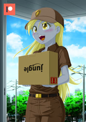 Size: 848x1200 | Tagged: safe, artist:uotapo, derpy hooves, human, equestria girls, g4, amazon.com, baseball cap, blushing, box, cap, cardboard box, cute, delivery, derpabetes, female, hat, open mouth, open smile, patreon, patreon logo, power line, smiling, solo, this side up, upside down