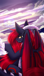 Size: 1856x3231 | Tagged: safe, artist:inspiredpixels, oc, oc only, oc:scarlet spectrum, original species, pony, cloud, flying, looking at you, looking back, looking back at you, red and black oc, sky, slit pupils, solo, sun