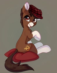 Size: 2052x2616 | Tagged: safe, artist:taneysha, oc, oc only, oc:bailey barque, earth pony, pony, :p, hat, high res, looking back, pillow, sitting, solo, tongue out