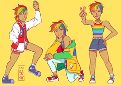 Size: 3600x2570 | Tagged: safe, artist:show-a-bit-of-teeth, rainbow dash, hedgehog, human, g4, alternate hairstyle, clothes, converse, dark skin, female, grin, high res, humanized, jersey, leggings, male, midriff, moderate dark skin, ok hand sign, open mouth, peace sign, shoes, shorts, simple background, smiling, sneakers, socks, solo, sonic the hedgehog, sonic the hedgehog (series), sports bra, sports shorts, tank top, tomboy, triality, varsity jacket, yellow background