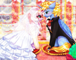 Size: 4000x3179 | Tagged: safe, artist:krissstudios, oc, oc only, alicorn, pony, unicorn, clothes, dress, female, male, mare, marriage, stallion, suit, wedding, wedding dress