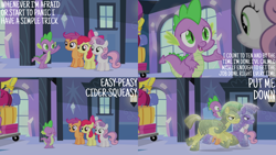 Size: 1280x720 | Tagged: safe, edit, edited screencap, editor:quoterific, screencap, amethyst stone, apple bloom, scootaloo, spike, sweetie belle, crystal pony, dragon, earth pony, pegasus, pony, unicorn, equestria games (episode), g4, season 4, apple bloom's bow, armor, bow, crystal guard, crystal guard armor, cutie mark crusaders, eyes closed, female, filly, hair bow, male, smiling, stallion, train station