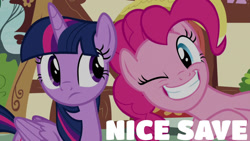 Size: 1280x720 | Tagged: safe, edit, edited screencap, editor:quoterific, screencap, pinkie pie, twilight sparkle, alicorn, earth pony, pony, g4, season 8, the washouts (episode), duo, duo female, female, grin, mare, one eye closed, smiling, twilight sparkle (alicorn), wink