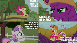 Size: 1280x720 | Tagged: safe, edit, edited screencap, editor:quoterific, screencap, apple bloom, applejack, sweetie belle, earth pony, pony, unicorn, g4, season 2, sisterhooves social, ^^, adorabloom, apple, apple bloom's bow, apple sisters, applejack's hat, bow, cowboy hat, cute, diasweetes, eyes closed, female, filly, food, grapes, hair bow, hat, jackabetes, mare, open mouth, siblings, sisters, tree, trio, trio female