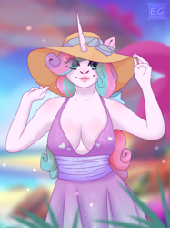 Size: 2725x3650 | Tagged: safe, artist:elektra-gertly, oc, oc only, unicorn, anthro, beach, breasts, cleavage, clothes, commission, dress, hat, high res, lipstick, solo, sun hat, sundress