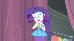 Size: 3410x1920 | Tagged: safe, screencap, rarity, equestria girls, g4, my little pony equestria girls: better together, rarity investigates: the case of the bedazzled boot, ^^, armpits, belt, bracelet, clapping, clothes, cute, cutie mark, cutie mark accessory, cutie mark on clothes, eyes closed, eyeshadow, female, frilly design, geode of shielding, hairpin, jewelry, magical geodes, makeup, open mouth, open smile, pencil skirt, pendant, raribetes, rarity peplum dress, skirt, sleeveless, smiling, solo, tank top