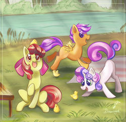 Size: 1956x1882 | Tagged: safe, artist:drawingedpudding, apple bloom, scootaloo, sweetie belle, bird, earth pony, pegasus, pony, unicorn, g4, blank flank, chick, cute, cutealoo, cutie mark crusaders, diasweetes, female, filly, foal