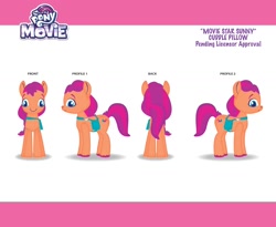 Size: 1584x1296 | Tagged: safe, sunny starscout, earth pony, pony, g5, official, 2d, badge, bag, female, mare, my little pony: the movie logo, pink background, satchel, self ponidox, simple background, text, white background