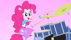 Size: 3410x1920 | Tagged: safe, screencap, pinkie pie, equestria girls, g4, my little pony equestria girls: rainbow rocks, better than ever, boots, clothes, cute, cutie mark, cutie mark on clothes, diapinkes, drum kit, drums, drumsticks, female, musical instrument, open mouth, ponied up, shoes, smiling, solo