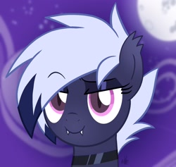 Size: 2048x1945 | Tagged: safe, artist:darkmaxxie, oc, oc only, oc:maxie, bat pony, pony, bat pony oc, blurry background, bust, choker, moon, night, raised eyebrow, show accurate, smiling, solo, stars