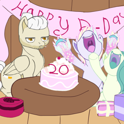 Size: 3000x3000 | Tagged: safe, artist:umbrapone, oc, oc:bass-beat, oc:night shine, oc:smokey haze, bat pony, earth pony, pegasus, pony, bat pony oc, birthday, birthday cake, birthday gift, cake, cigarette, done with your shit, earth pony oc, excited, fangs, food, high res, implied oc, man bun, pegasus oc, table, tablecloth, trio, unshorn fetlocks, wooden floor, writing