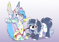 Size: 3507x2481 | Tagged: safe, artist:arctic-fox, oc, oc only, oc:ashley fox, oc:starburn, earth pony, pegasus, pony, bodypaint, chest fluff, duo, ear fluff, high res, mouth hold, not princess celestia, paint, paintbrush, stifling laughter, t pose, tickling, wavy mouth