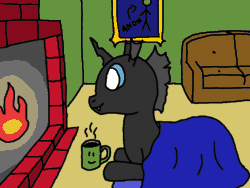 Size: 800x600 | Tagged: safe, artist:anonymous, oc, oc only, oc:anon, oc:notaulix, changeling, human, animated, blanket, comfy, couch, cyoa:buggycyoa, fire, fireplace, gif, lying down, lying on the floor, ms paint, mug, painting, stick figure