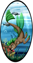 Size: 1785x3358 | Tagged: safe, artist:crecious, oc, oc only, fish, seapony (g4), bubble, coral, crepuscular rays, dorsal fin, fin wings, fins, fish tail, flowing mane, flowing tail, green eyes, green mane, looking down, male, ocean, seaweed, signature, solo, sunlight, swimming, tail, teeth, underwater, water, wings