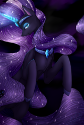 Size: 2000x3000 | Tagged: safe, artist:midfire, nightmare rarity, pony, unicorn, g4, black background, blue eyes, colored pupils, crown, ethereal mane, female, flowing mane, flowing tail, gem, glowing, glowing horn, high res, horn, jewelry, lidded eyes, looking at you, necklace, purple mane, regalia, simple background, smiling, solo, sparkles, starry mane