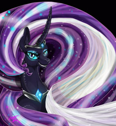 Size: 1800x1950 | Tagged: safe, artist:theneithervoid, nightmare rarity, pony, unicorn, g4, black background, blue eyes, colored pupils, crown, curved horn, ethereal mane, evil smile, eyelashes, eyeshadow, female, flowing mane, gem, glowing, grin, horn, jewelry, long horn, looking at you, makeup, necklace, purple mane, regalia, simple background, smiling, solo, sparkles, starry mane, teeth