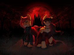 Size: 3132x2336 | Tagged: safe, artist:klooda, oc, oc only, alicorn, bat, earth pony, pony, vampire, alicorn oc, blood moon, cape, castle, choker, clothes, cloud, couple, detailed, detailed background, dress, fangs, female, folded wings, forest, full body, gothic, grass, grass field, grin, high res, horn, jabot, lidded eyes, looking at you, male, mare, moon, night, raised hoof, smiling, smiling at you, smug, stallion, standing, tree, wings