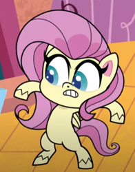 Size: 366x468 | Tagged: safe, screencap, fluttershy, pegasus, pony, g4, g4.5, my little pony: pony life, unboxing day, bipedal, cropped, female, solo, surprised