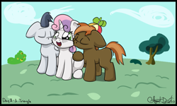 Size: 1527x915 | Tagged: safe, artist:agent-diego, button mash, rumble, sweetie belle, earth pony, pegasus, pony, unicorn, g4, cheek kiss, colt, digital art, female, filly, kiss sandwich, kissing, male, polyamory, rumbellemash, shipping, straight, sweetie belle gets all the colts