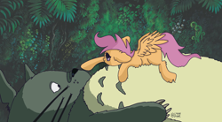 Size: 1200x662 | Tagged: safe, artist:lynnpone, scootaloo, pegasus, pony, g4, anime, boop, crossover, cute, cutealoo, my neighbor totoro, totoro