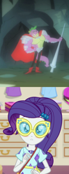 Size: 856x2160 | Tagged: safe, edit, edited screencap, screencap, rarity, spike, a dog and pony show, equestria girls, equestria girls specials, g4, my little pony equestria girls: better together, my little pony equestria girls: spring breakdown, beefspike, blushing, cape, clothes, cropped, female, interspecies, lance, male, ship:sparity, shipping, shipping domino, straight, sunglasses, weapon
