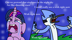 Size: 1200x675 | Tagged: safe, artist:jadeharmony, twilight sparkle, bird, blue jay, pony, unicorn, anthro, g4, my little pony: the movie, aeroplanes and meteor showers, airplanes (song), crossover, crossover shipping, crying, eyes closed, female, grass, male, meme, mordecai, mordetwi, night, open mouth, redraw mordetwi meme, regular show, sad, shipping, shooting star, song reference, straight, unicorn twilight