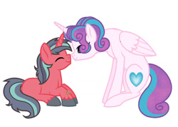 Size: 1280x913 | Tagged: safe, artist:socket1971, princess flurry heart, oc, oc:shining apple, alicorn, pony, unicorn, g4, base used, boop, brother and sister, colt, eyes closed, female, half-siblings, magical gay spawn, male, mare, noseboop, offspring, older, older flurry heart, parent:big macintosh, parent:shining armor, parents:shiningmac, siblings, simple background, white background
