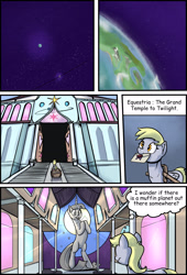 Size: 1772x2599 | Tagged: safe, artist:shieltar, part of a set, derpy hooves, twilight sparkle, pony, unicorn, comic:giant twilight, g4, collarbone, comic, cute, dialogue, female, giant pony, giant twilight sparkle, giantess, high res, jewelry, macro, mare, necklace, part of a series, planet, signature, size difference, solo, space, stars, statue, twiabetes, unicorn twilight