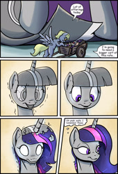 Size: 1772x2599 | Tagged: safe, artist:shieltar, part of a set, derpy hooves, twilight sparkle, pony, unicorn, comic:giant twilight, g4, comic, cute, dialogue, ethereal mane, female, giant pony, giant twilight sparkle, giantess, glowing eyes, high res, macro, magic, mare, part of a series, planet, signature, size difference, solo, statue, twiabetes, unicorn twilight