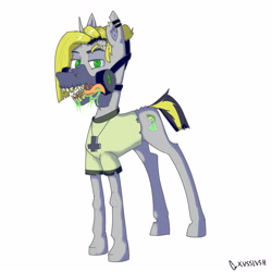 Size: 5000x5000 | Tagged: safe, artist:xasslash, oc, oc only, oc:kaustic, pony, snake, unicorn, clothes, cross necklace, ear piercing, gas mask, inverted cross, mask, piercing, salivating, sharp teeth, shirt, skinny, solo, teeth, test tube, thin