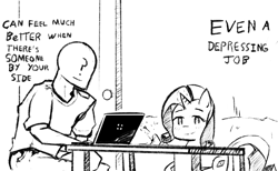 Size: 1901x1171 | Tagged: safe, artist:solid shrimp, rarity, oc, oc:anon, human, pony, unicorn, g4, computer, drawthread, duo, female, japanese reading order, laptop computer, mare, monochrome, sewing, sketch, text