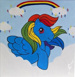 Size: 586x600 | Tagged: safe, artist:painting with a twist, firefly, rainbow dash, pegasus, pony, g1, g4, cloud, cutie mark, female, g4 to g1, generation leap, mare, painting, rainbow, solo, traditional art, watermark