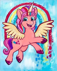 Size: 480x600 | Tagged: safe, artist:painting with a twist, sunny starscout, alicorn, earth pony, pony, g5, official, spoiler:g5, alicornified, female, flying, mane stripe sunny, mare, painting, race swap, rainbow, simple background, solo, sunnycorn, traditional art, transformation, watermark