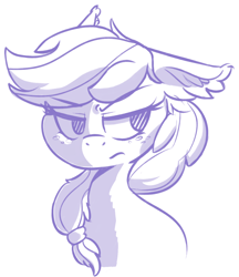 Size: 1298x1500 | Tagged: safe, artist:zzzsleepy, applejack, earth pony, pony, g4, angry, applejack is not amused, bust, ear fluff, floppy ears, glare, hatless, missing accessory, monochrome, one ear down, sketch, solo, unamused