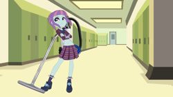 Size: 1920x1080 | Tagged: artist needed, safe, artist:ameyal, edit, vector edit, sunny flare, equestria girls, g4, 1000 hours in keynote, backpack vacuum cleaner, canterlot high, clothes, crossed arms, crystal prep academy uniform, female, frown, hallway, school, school uniform, short shirt, solo, vacuum cleaner, vector