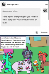 Size: 1172x1754 | Tagged: safe, artist:ask-luciavampire, oc, oc only, oc:flora ash, oc:harvest amber, changeling, dracony, dragon, hybrid, pony, unicorn, ask ponys gamer club, 1000 hours in ms paint, ask, food, tumblr