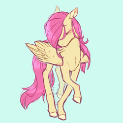 Size: 1280x1280 | Tagged: safe, artist:kittenfacecat, fluttershy, pegasus, pony, g4, colored hooves, eyes closed, female, floppy ears, mare, raised hoof, raised leg, simple background, solo, standing, stray strand, three quarter view, turned head, wings