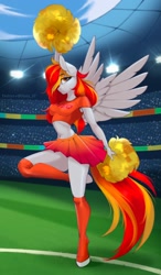 Size: 1198x2048 | Tagged: safe, artist:u_lu_lu, oc, oc only, oc:diamond sun, pegasus, anthro, unguligrade anthro, belly button, breasts, cheerleader, cheerleader outfit, clothes, commission, female, lidded eyes, looking at you, mare, midriff, pom pom, shirt, skirt, socks, solo, spread wings, stadium, standing, standing on one leg, wings