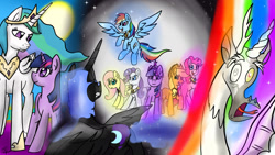 Size: 1280x720 | Tagged: safe, artist:pegiwolf12, applejack, discord, fluttershy, nightmare moon, pinkie pie, princess celestia, rainbow dash, rarity, twilight sparkle, alicorn, draconequus, earth pony, pegasus, pony, unicorn, journey of the spark, g4, antagonist, big crown thingy, element of generosity, element of honesty, element of kindness, element of laughter, element of loyalty, element of magic, elements of harmony, female, jewelry, male, mane six, mare, petrification, rainbow, regalia, smiling, sun, taste the rainbow, turned to stone, unicorn twilight