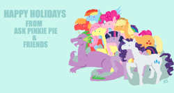 Size: 1280x689 | Tagged: safe, artist:askpinkiepieandfriends, part of a set, applejack, big macintosh, fluttershy, pinkie pie, rainbow dash, rarity, spike, twilight sparkle, dragon, earth pony, pegasus, pony, unicorn, g4, blue background, female, mane seven, mane six, mare, older, older spike, simple background, unicorn twilight