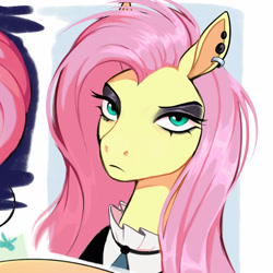 Size: 2500x2500 | Tagged: safe, artist:punkcoa, fluttershy, pegasus, pony, g4, bust, clothes, dress, ear piercing, earring, eyeshadow, female, fluttergoth, high res, jewelry, makeup, mare, piercing, solo