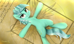 Size: 3000x1800 | Tagged: safe, artist:darksly, lyra heartstrings, pony, unicorn, g4, female, grin, leonardo da vinci, lidded eyes, looking at you, looking up, looking up at you, lying down, mare, on back, smiling, solo, vitruvian man, vitruvian pony