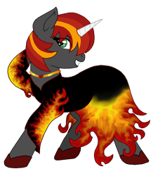 Size: 1952x2171 | Tagged: safe, artist:asktheartpone, oc, oc only, oc:mysti inferno, pony, unicorn, clothes, colored horn, crossdressing, dress, fire, gray coat, green eyes, heart, horn, inferno, jewelry, multicolored hair, multicolored mane, necklace, shoes, smiling, solo