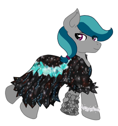 Size: 1934x2055 | Tagged: safe, artist:asktheartpone, oc, oc only, oc:precious gemstones, crystal pony, earth pony, pony, blue hair, bracelet, clothes, crossdressing, diamond, dress, gray coat, half crystal pony, jewelry, multicolored hair, multicolored mane, purple eyes, smiling, solo, sparkles, sparkly, stone