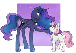 Size: 3001x2101 | Tagged: safe, artist:pointdelta, princess luna, sweetie belle, pony, for whom the sweetie belle toils, g4, chest fluff, concerned, duo, ear fluff, height difference, high res, lifting chin, long legs, physique difference, scene interpretation, slender, tall, thin