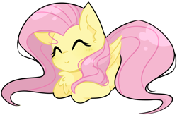 Size: 4973x3234 | Tagged: safe, artist:pointdelta, fluttershy, pegasus, pony, g4, ^^, chest fluff, cute, daaaaaaaaaaaw, eyes closed, female, folded wings, lying down, mare, ponyloaf, prone, shyabetes, simple background, smiling, solo, stray strand, white background, wings